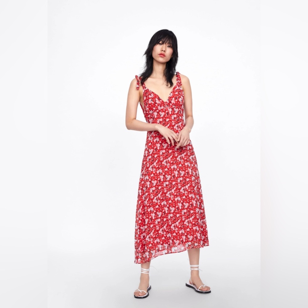 Zara Red and White Floral Midi Dress